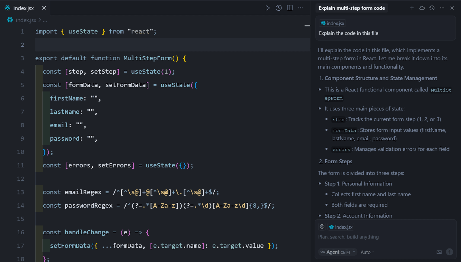 Cursor’s AI assistant explaining a piece of React code in an index.js file