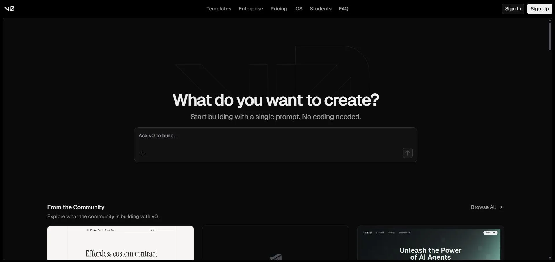 An image of v0 homepage