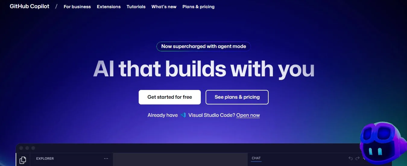 An image of Github Copilot homepage