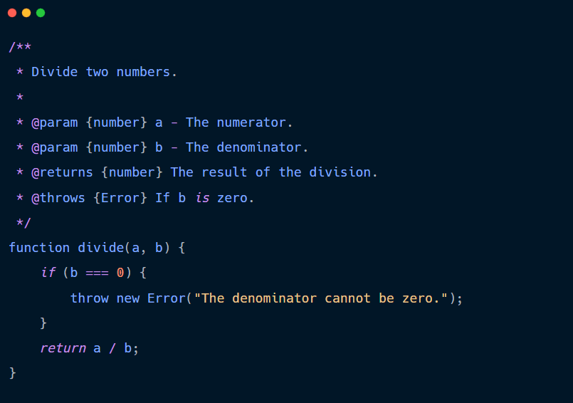 JavaScript function with a note that mentions an exception