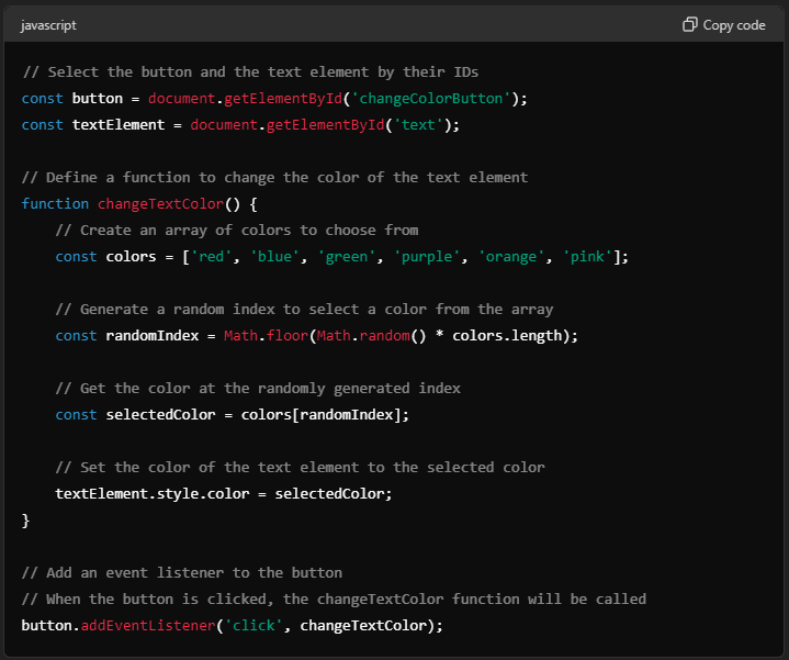 Comments added to JavaScript code with ChatGPT.