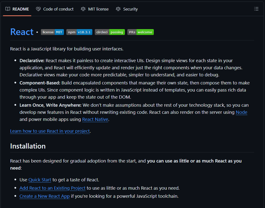 README file for React open-source GitHub repository.