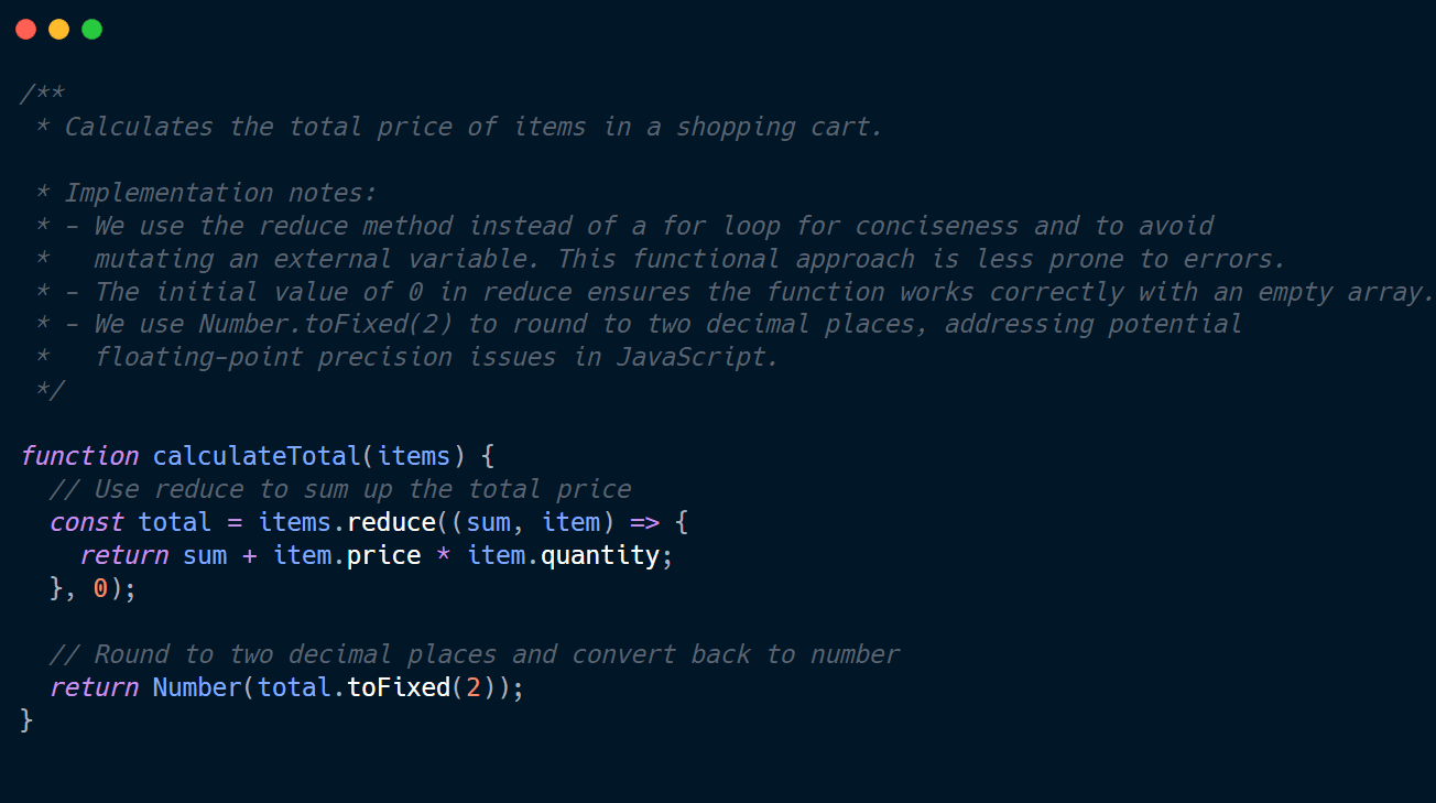 Code comments explaining the implementation decisions behind a piece of JavaScript code.