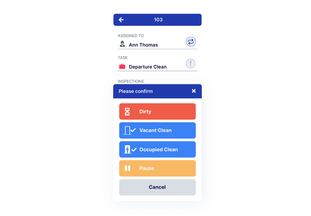 Housekeeping staff assigning a status to a hotel room via Actabl’s mobile app