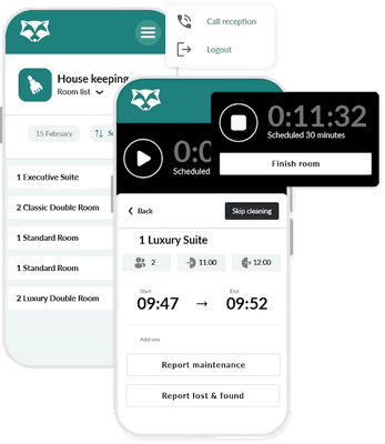 Timer tracking the progress of a housekeeping task via RoomRaccoon’s mobile app