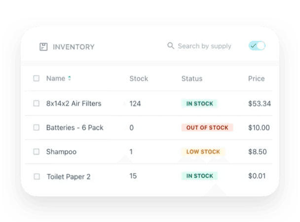 Inventory management solution showing stock info of housekeeping items