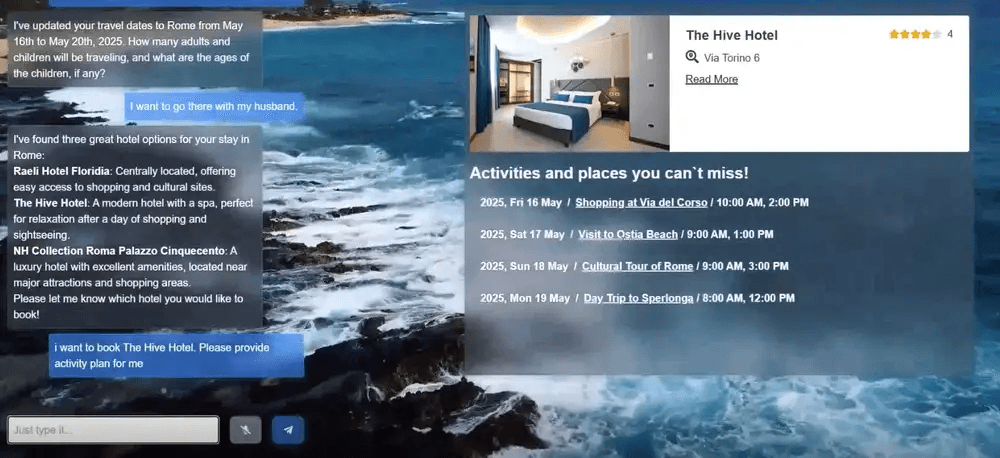 Basic chat interface created for the AI travel agent prototype