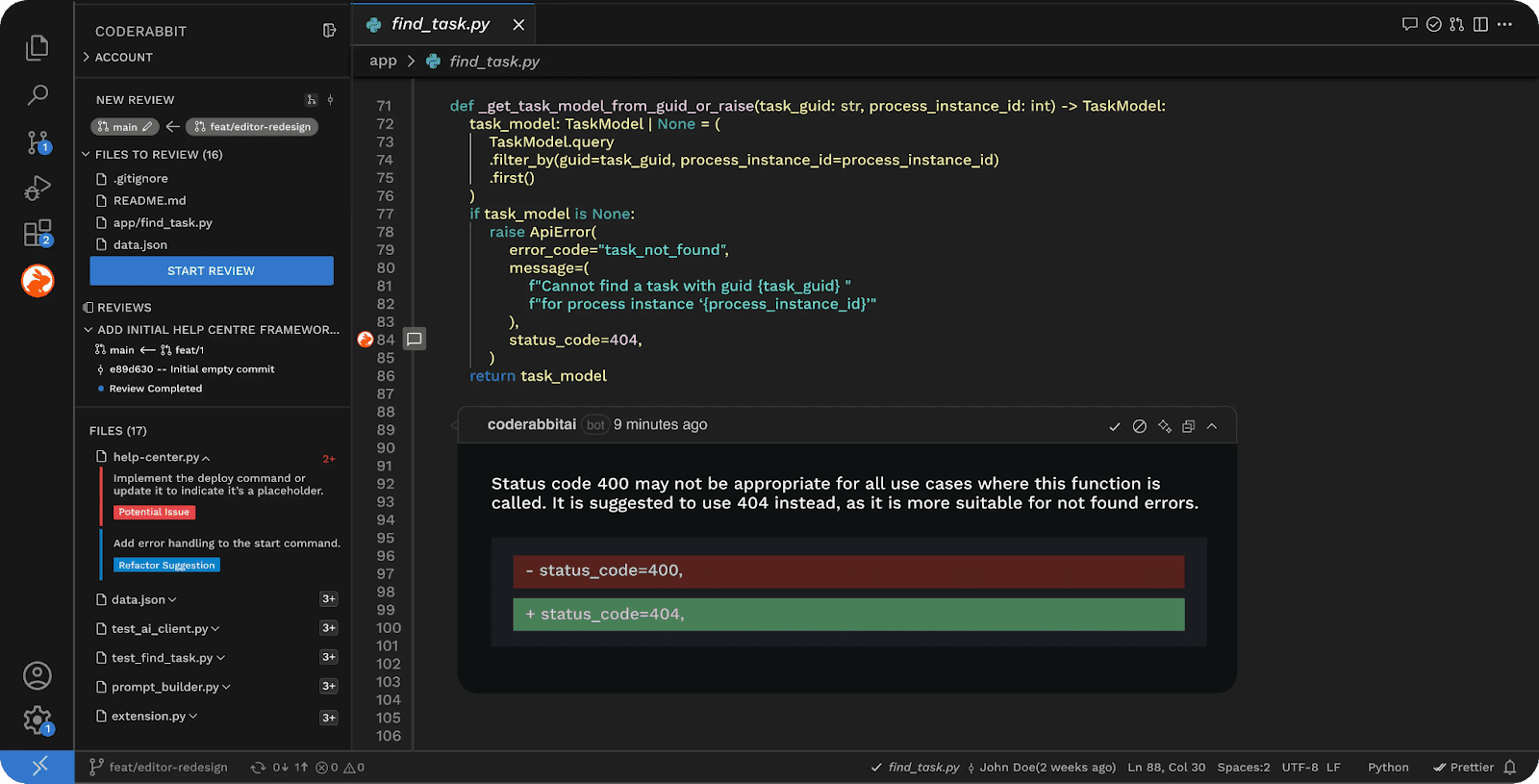 An AI tool performing a code review