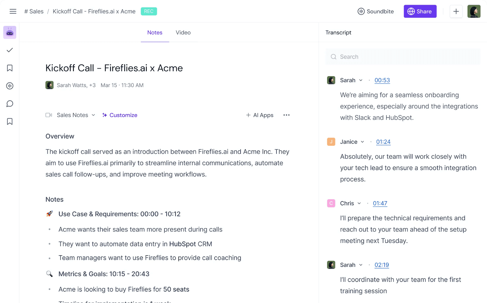 AI-generated transcripts from a client meeting