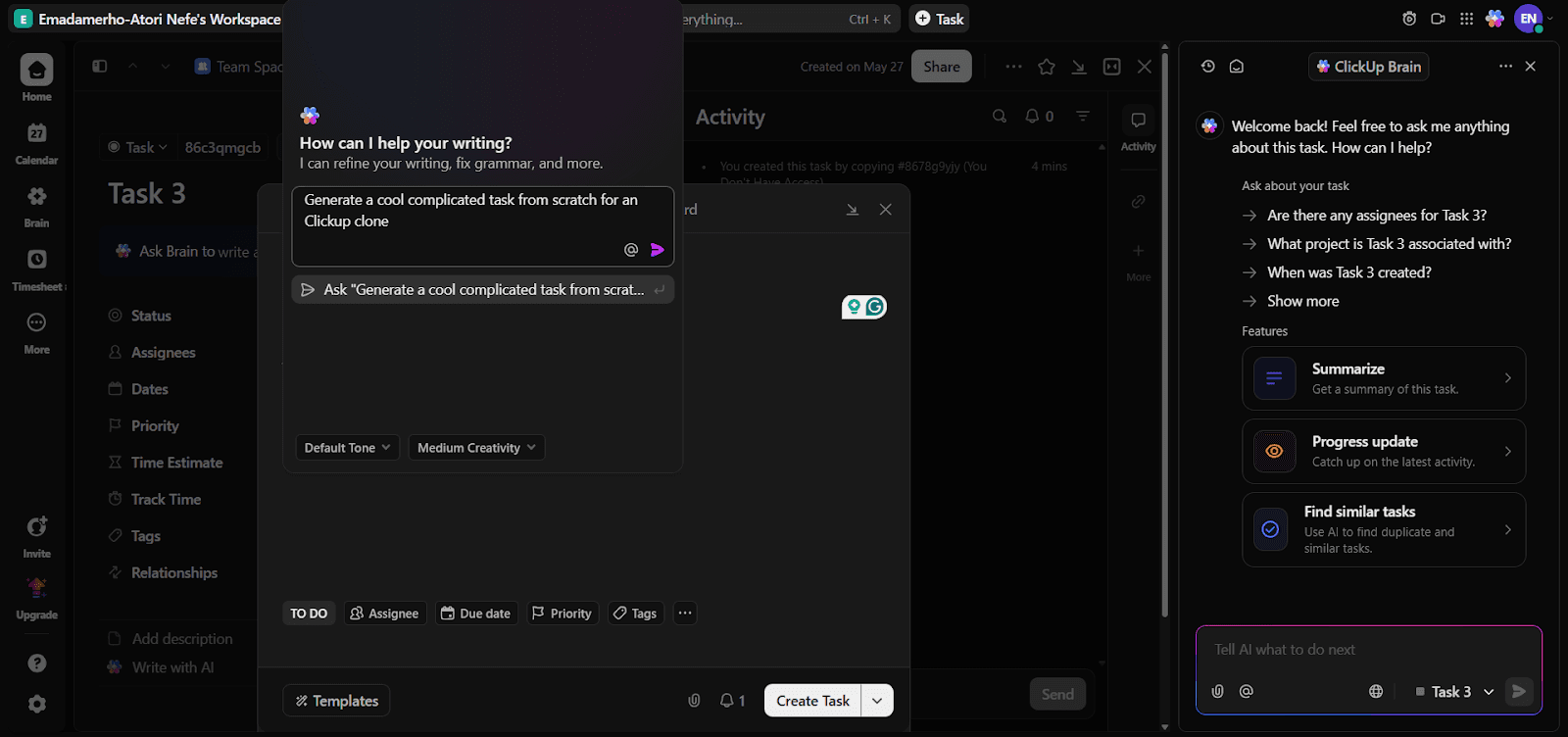 User prompting ClickUp’s AI system to generate a task