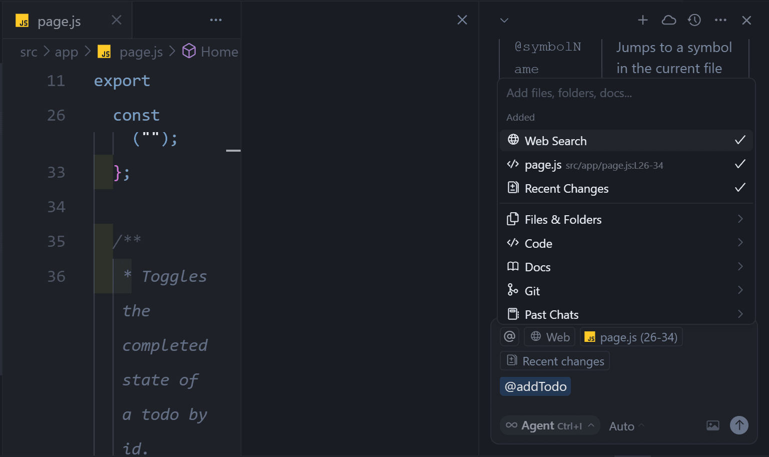 Popup panel for adding various elements to the AI chat’s context