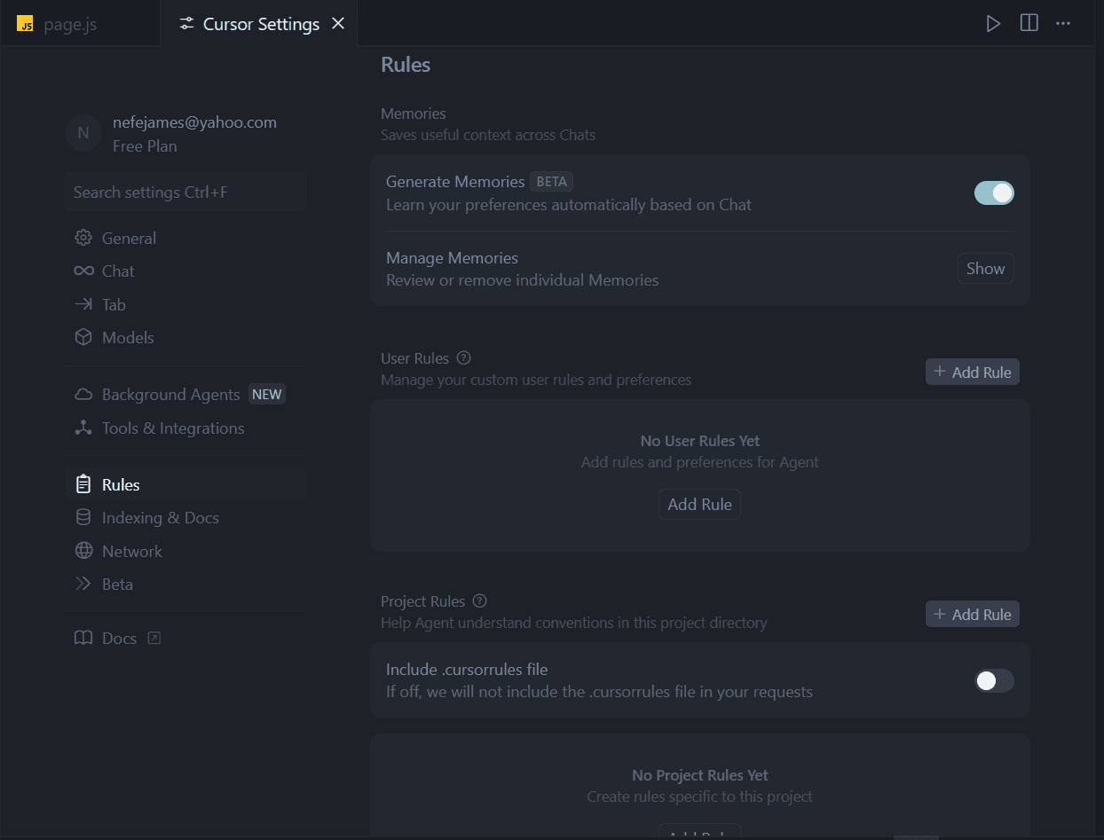 Cursor’s rules configuration interface