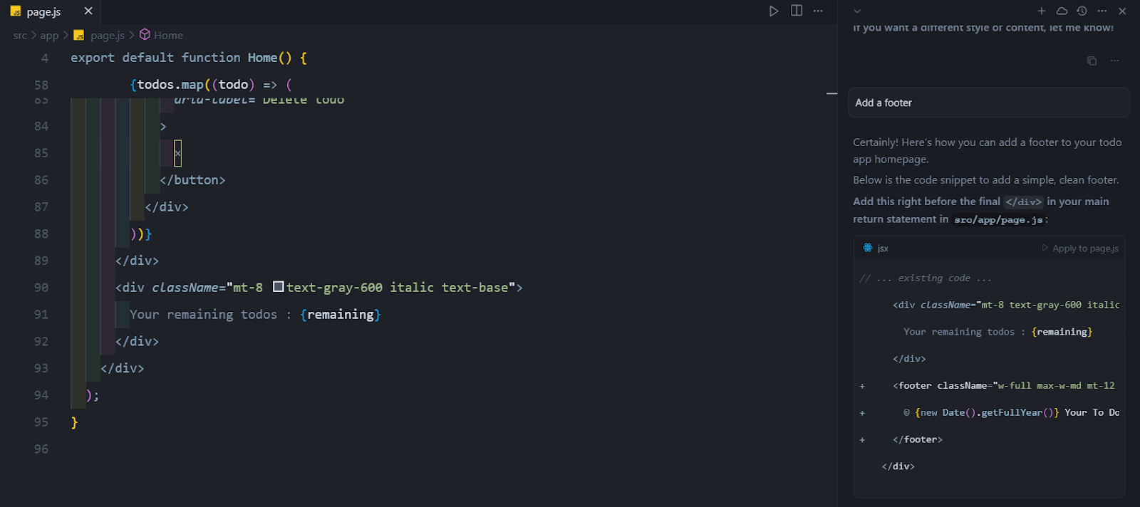 Cursor generating a code for a footer element as requested