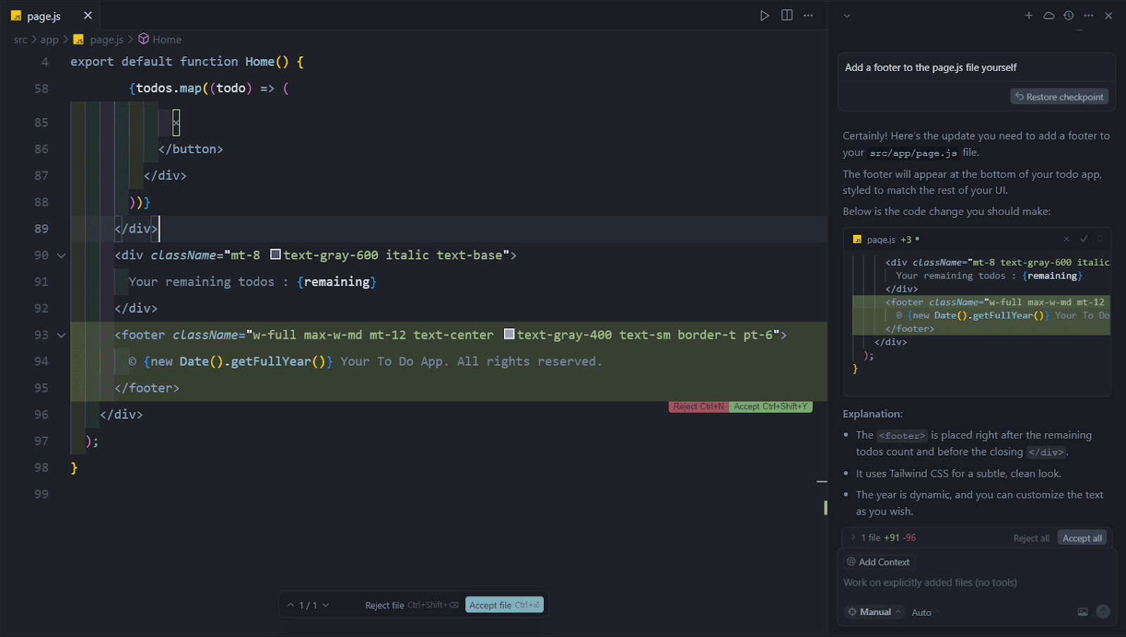 Cursor’s manual mode applies requested changes to a codebase