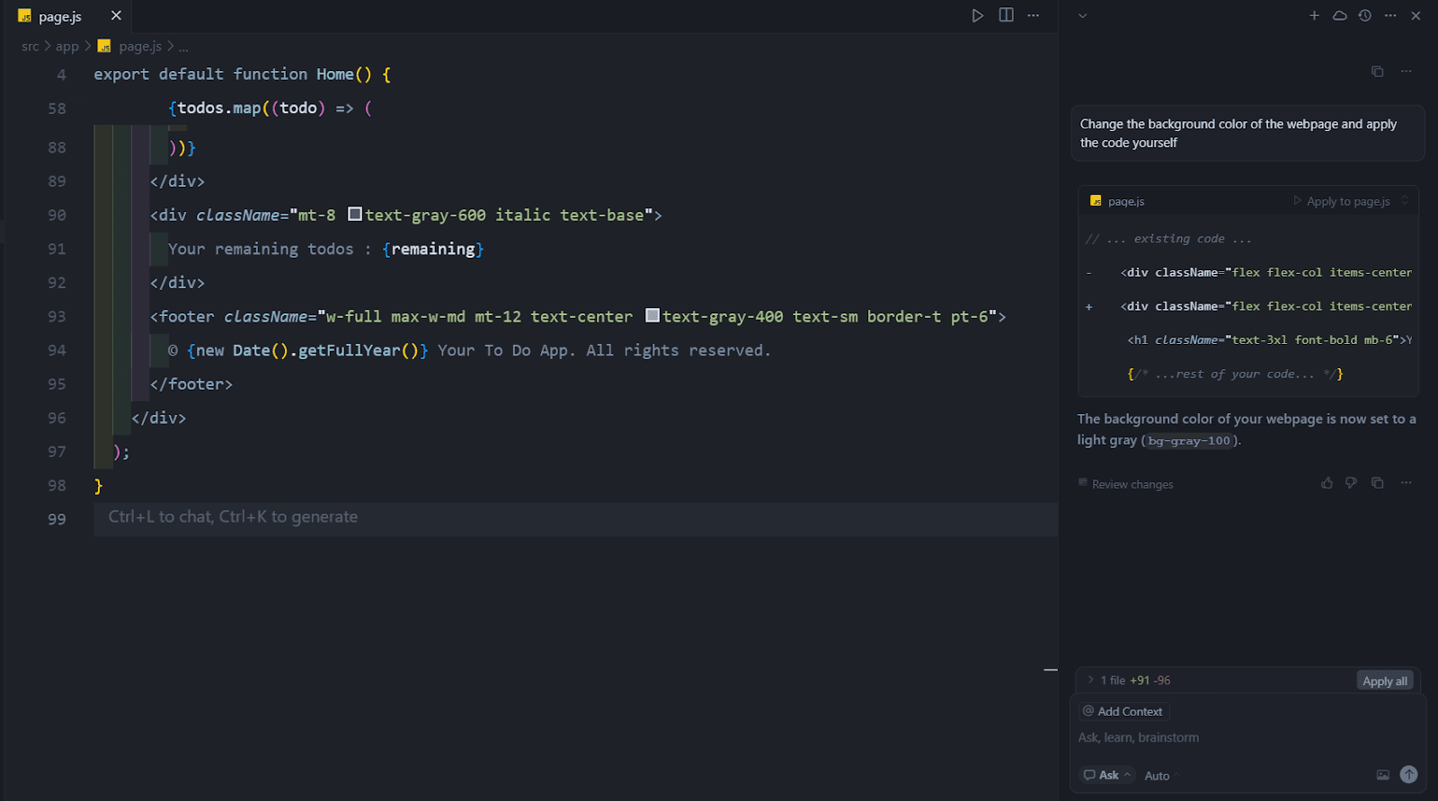 Cursor’s ask mode generating code as requested