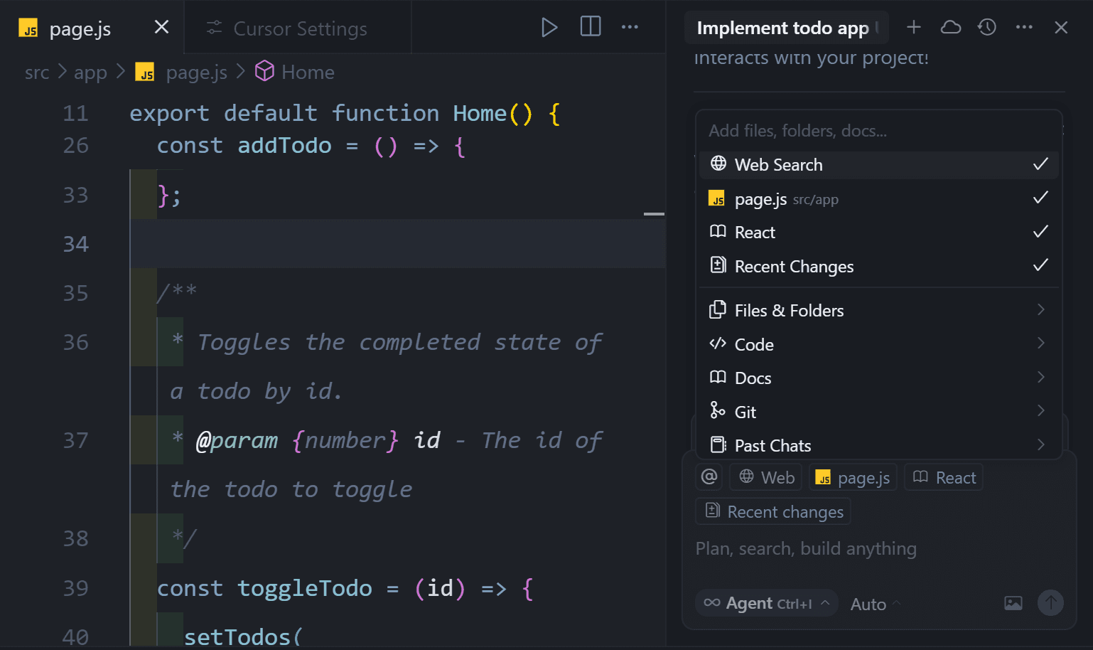 Popup panel for adding various elements to the AI chat’s context