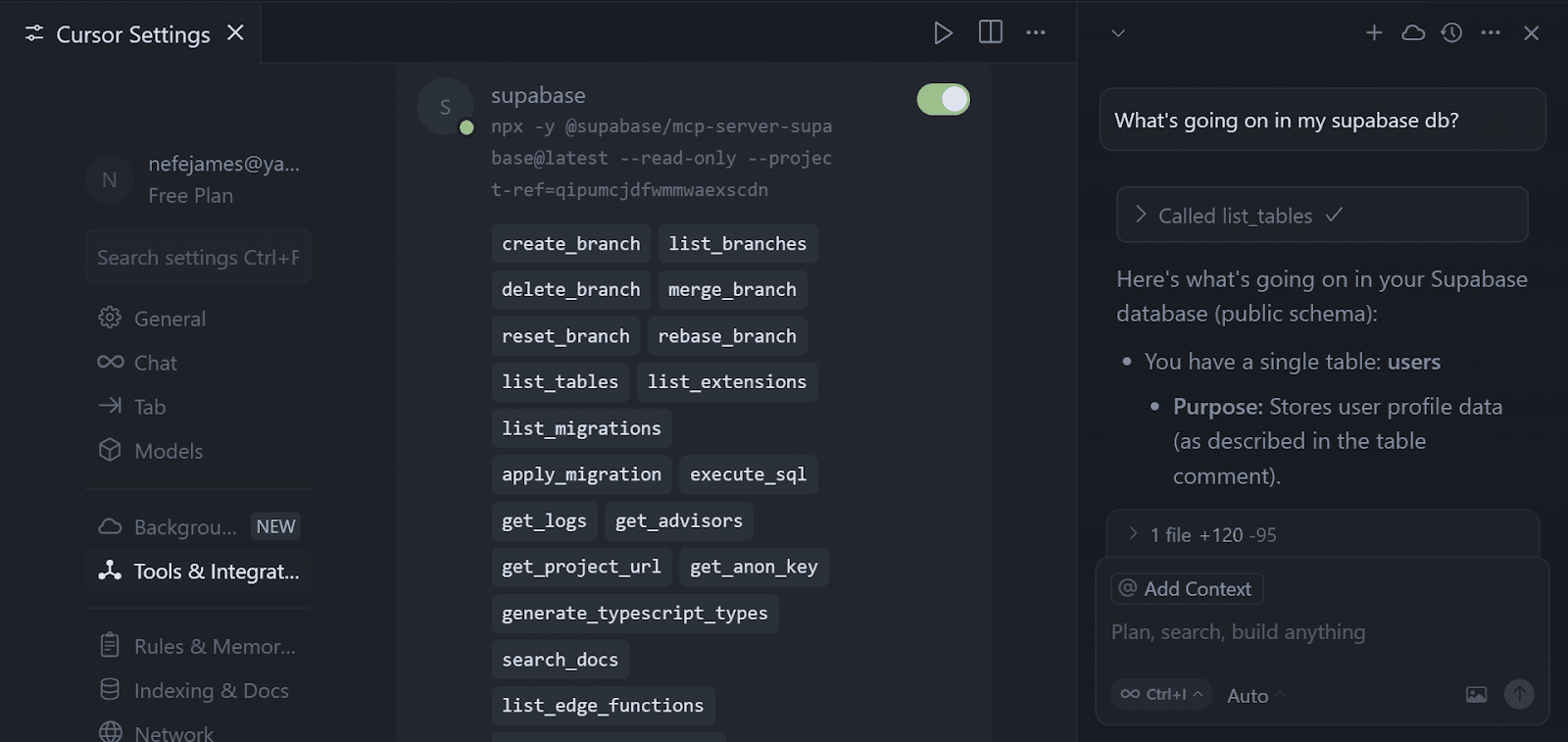 Interaction with Supabase MCP server’s list_tables tool via Cursor