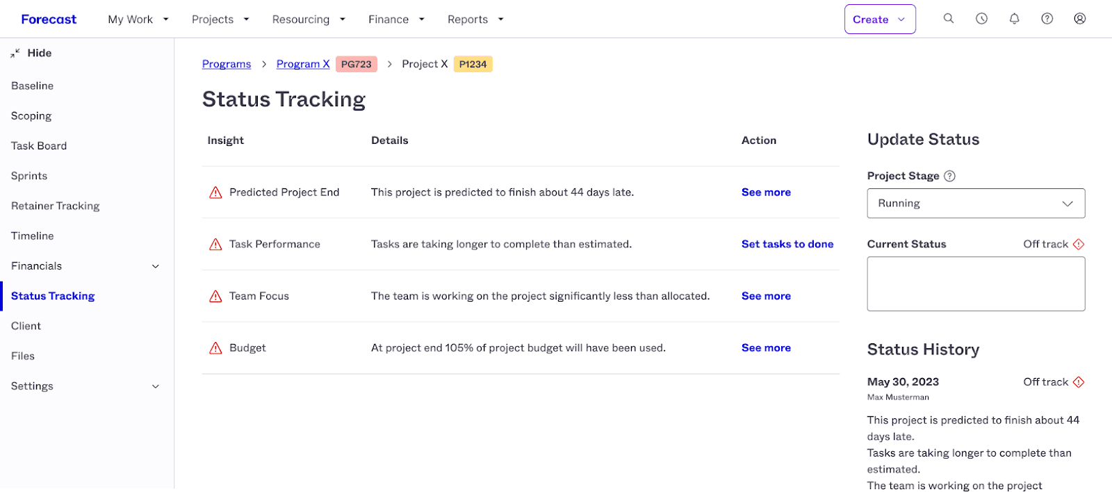 Dashboard showing a project’s status