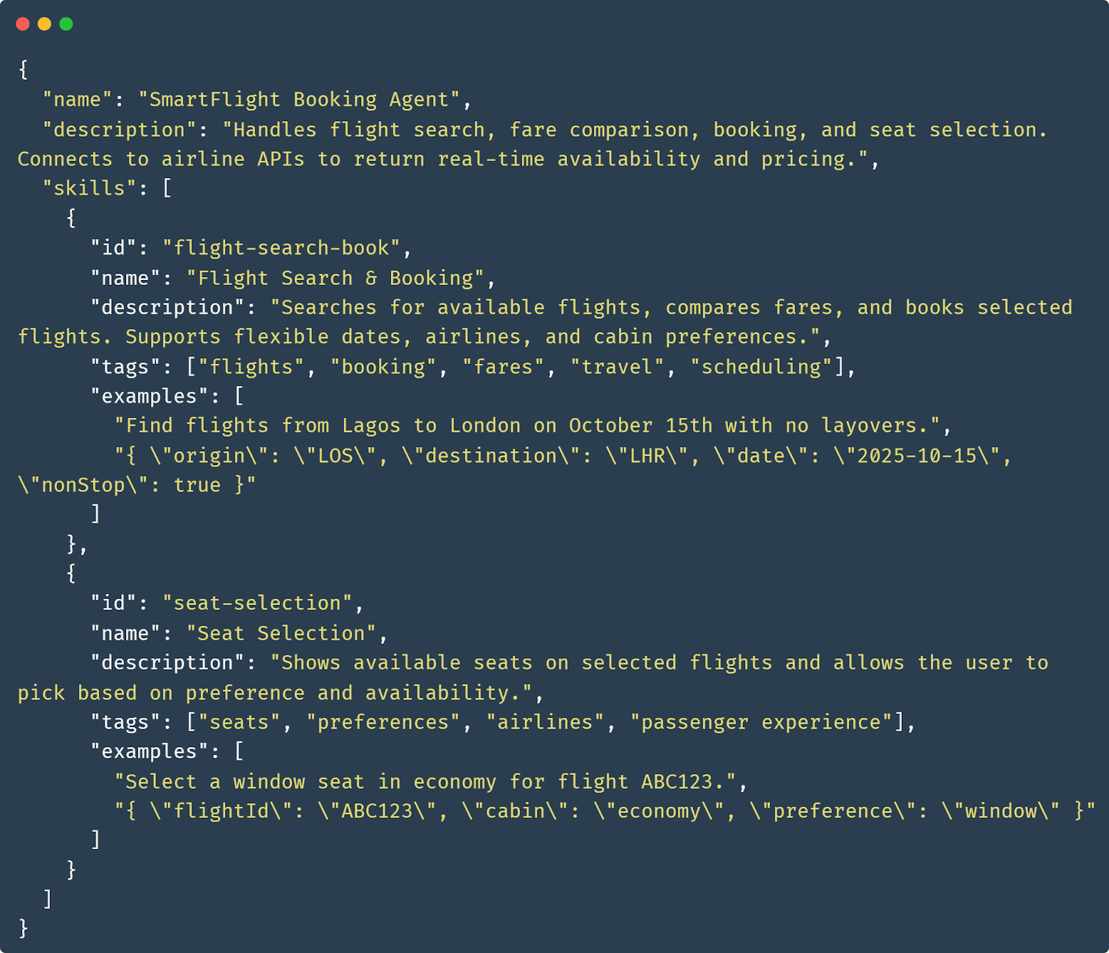 Simplified version of the agent card for a flight booking server agent