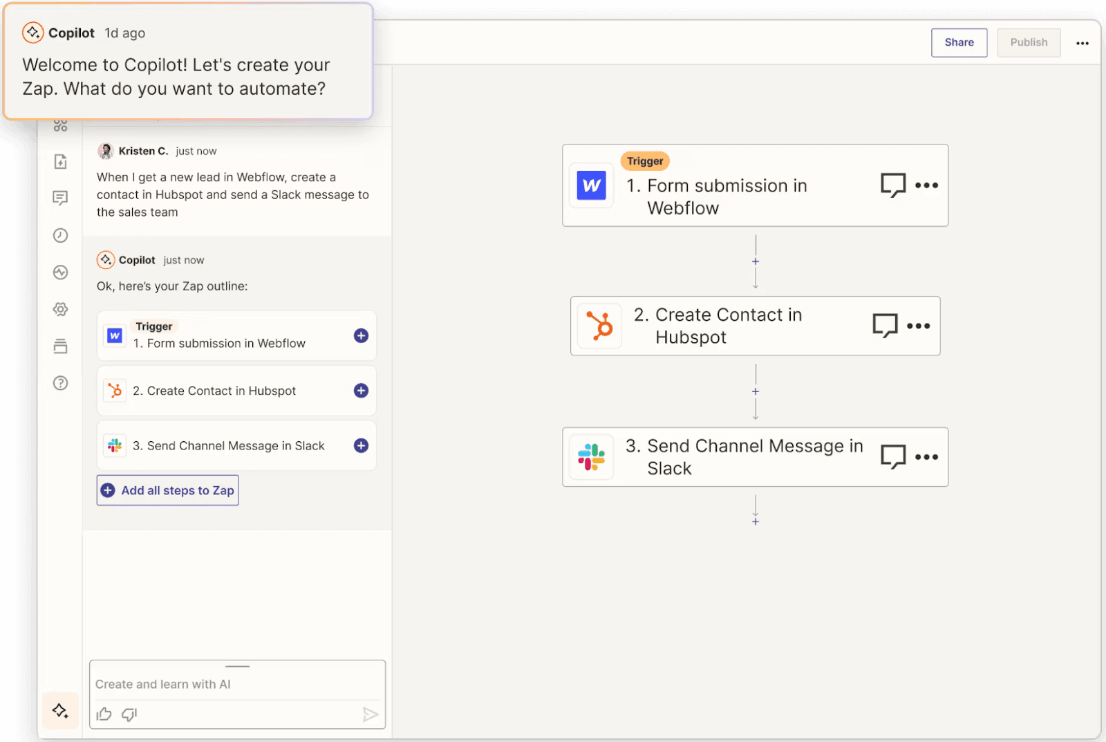 Zapier’s AI copilot generating a workflow based on a user’s prompts