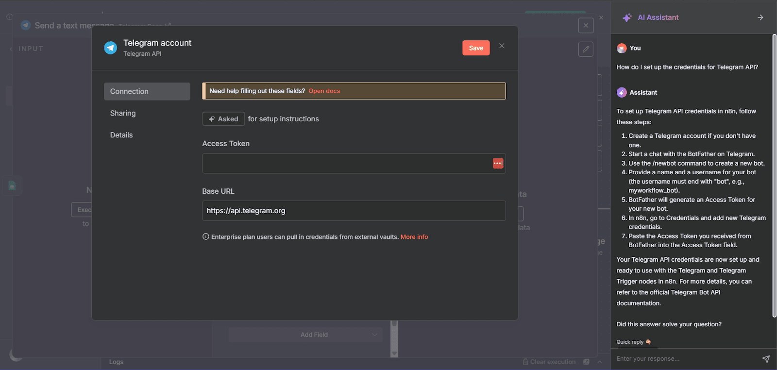 n8n’s AI assistant providing guidance on how to fetch credentials for Telegram’s API