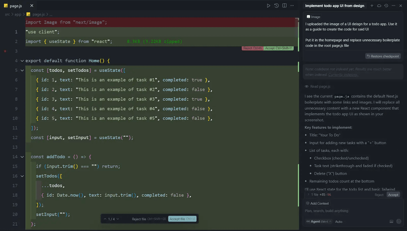 React.js code for a todo app generated by Cursor’s AI assistant