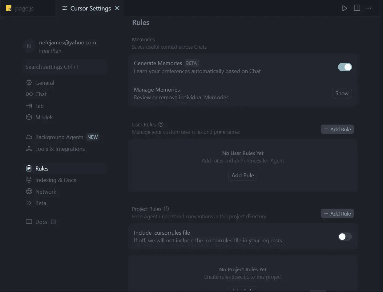 Cursor’s rules configuration interface