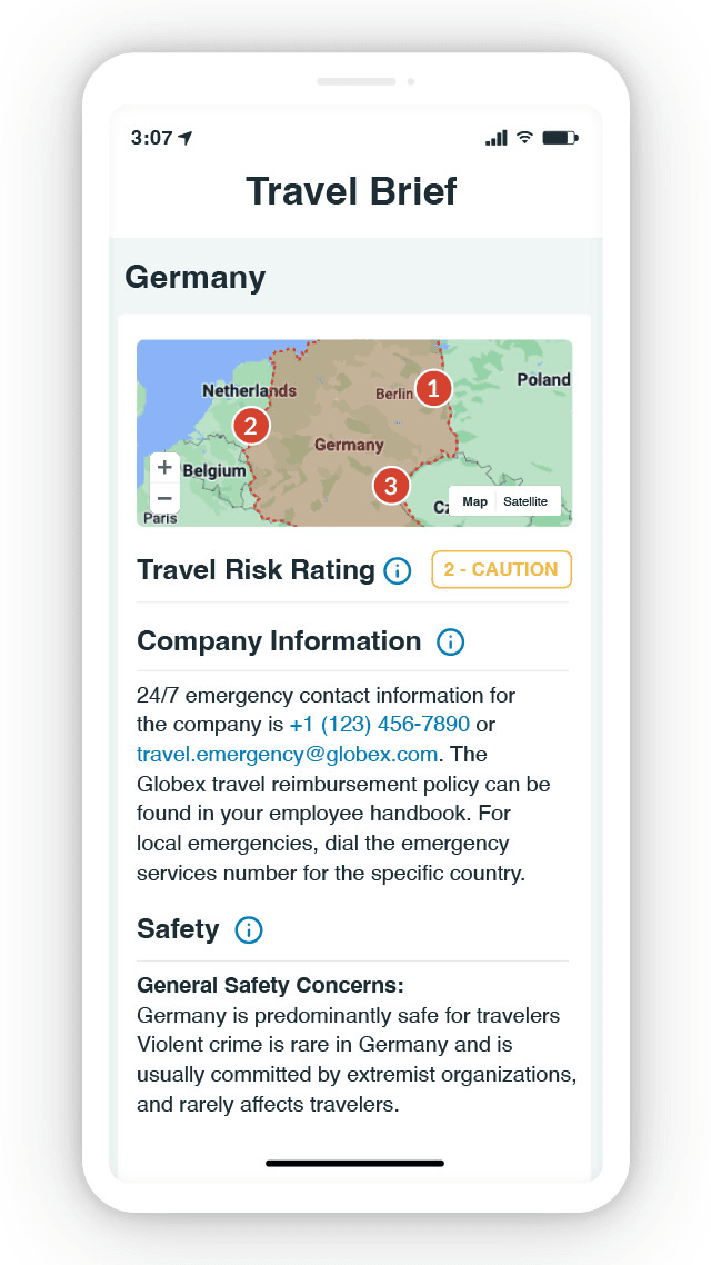 Country analysis view of Germany showing a safety travel brief