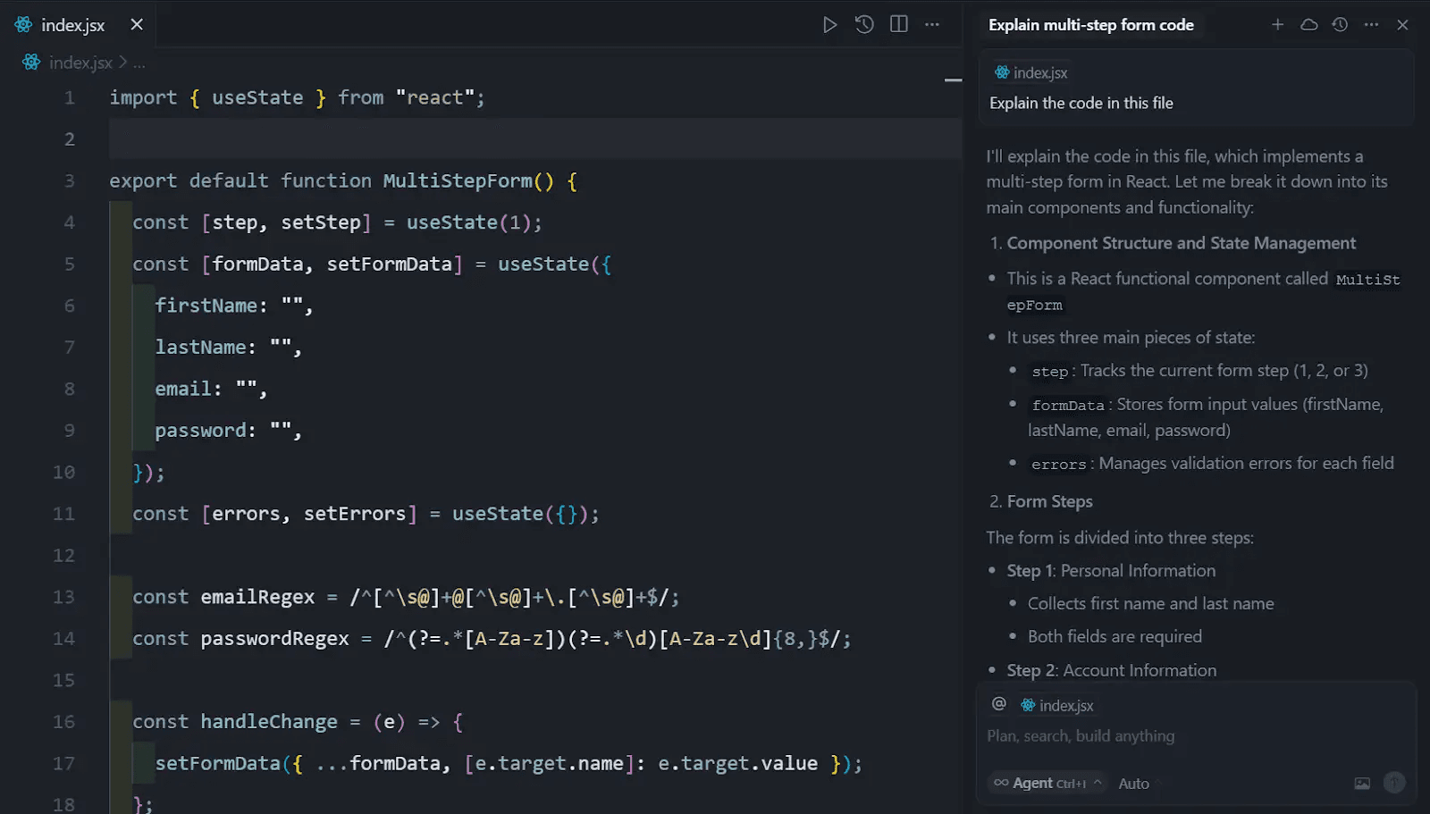 Cursor’s AI assistant explaining a piece of React code in an index.js file
