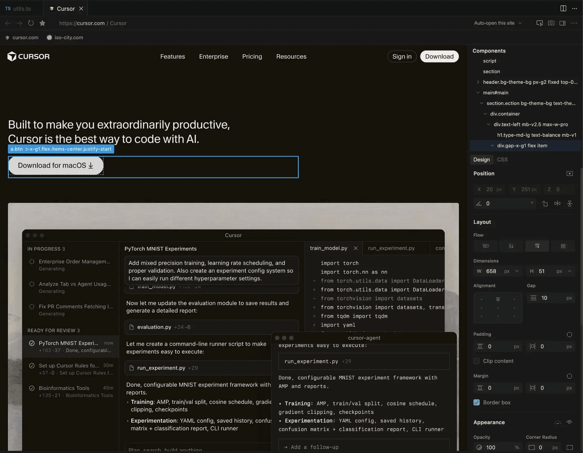 Cursor’s built-in browser with design sidebar for modifying your site directly in Cursor