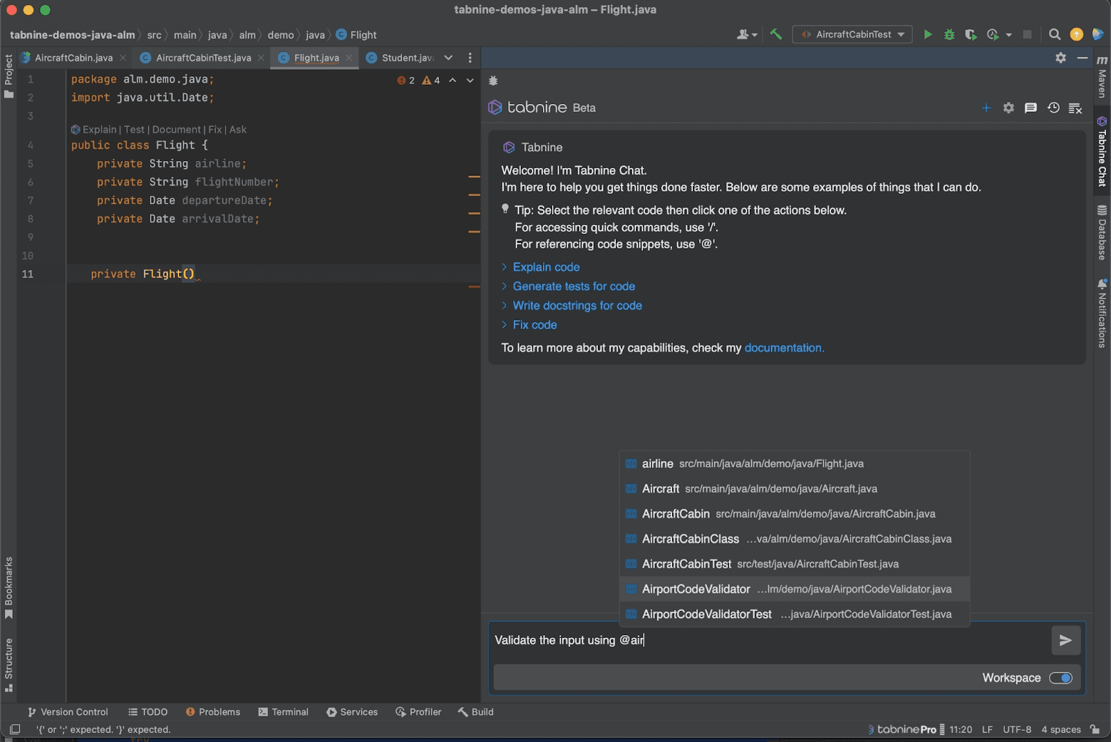 An interaction with Tabnine via an IDE