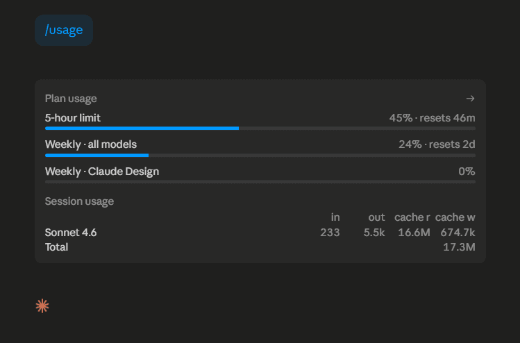 The /usage command gives you a real-time breakdown of your plan limits and session token consumption.