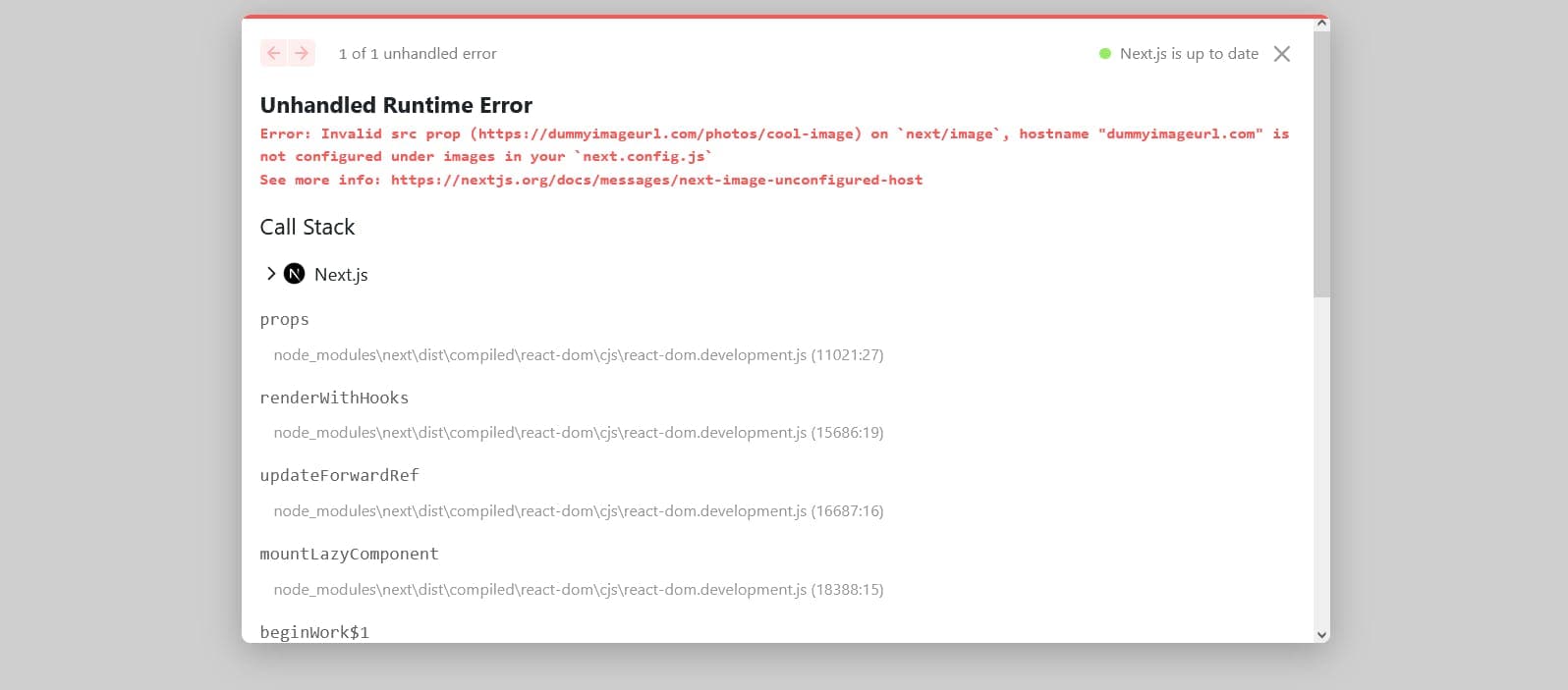 An image of an unhandled rentime error.