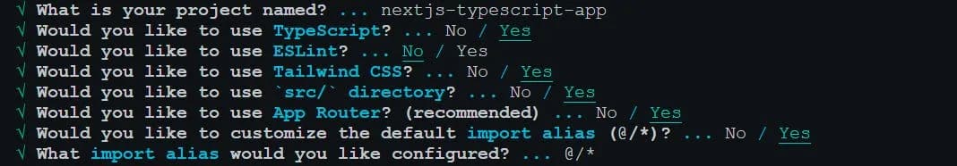 An image of the config options when setting up a Next.js TypeScript project.