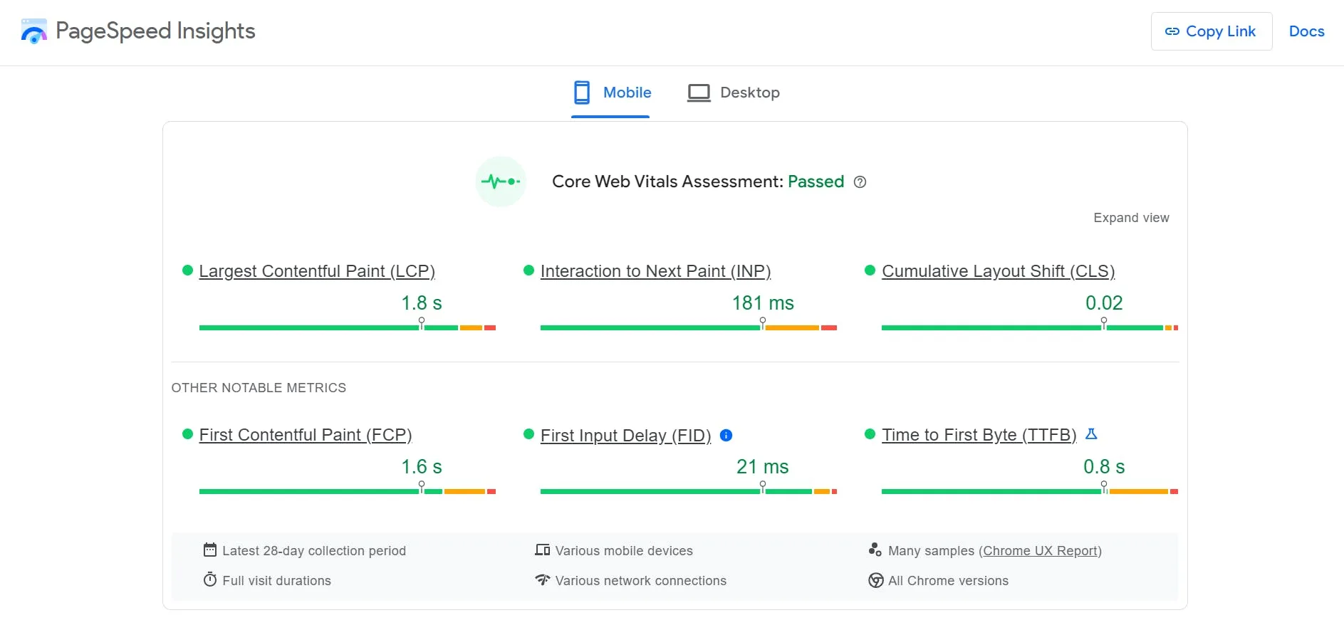 An image of mParticle's Core Web Vitals metrics
