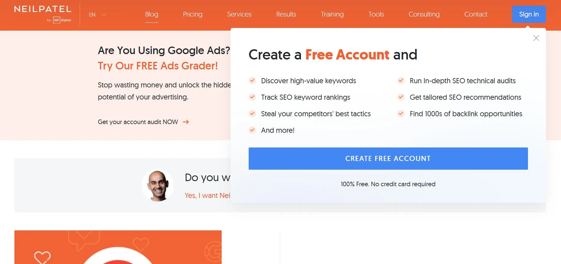 An image of Neil Patel website CTA