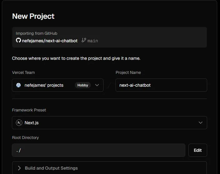 An image of connecting app to Vercel