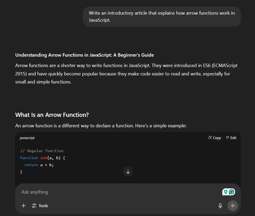 An image of ChatGPT arrow function prompt