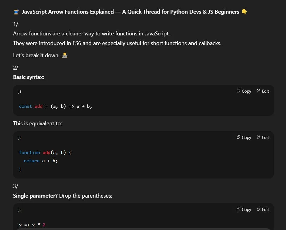 An image of ChatGPT arrow function prompt in Tweet format