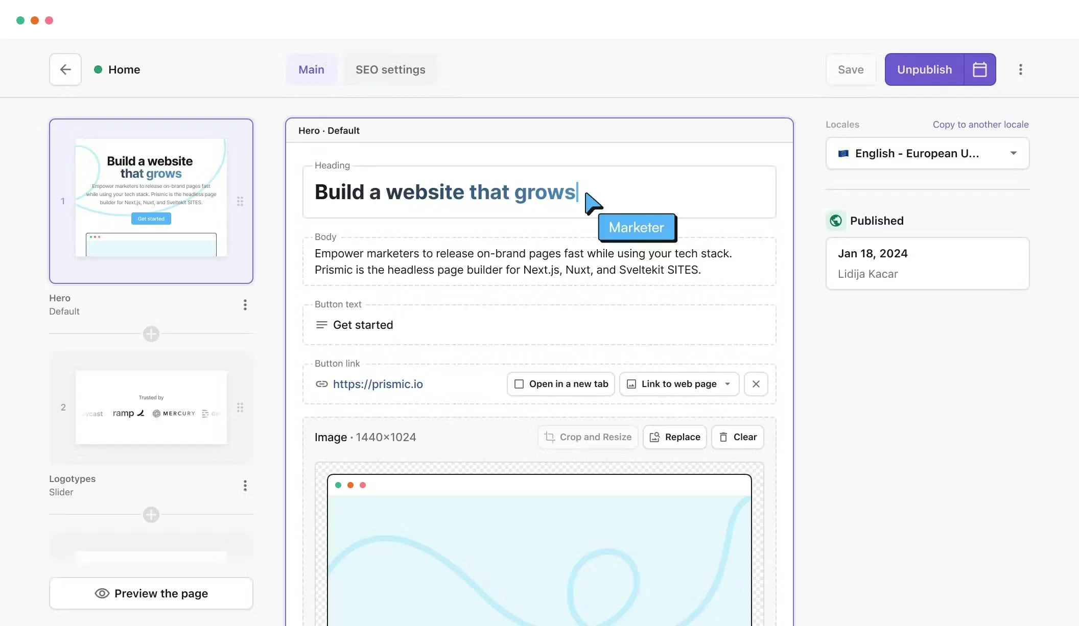 An image of the Prismic Page Builder